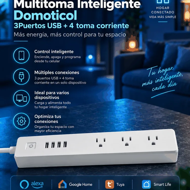 Multitoma Inteligente 3 Puertos USB + 4 Tomas
