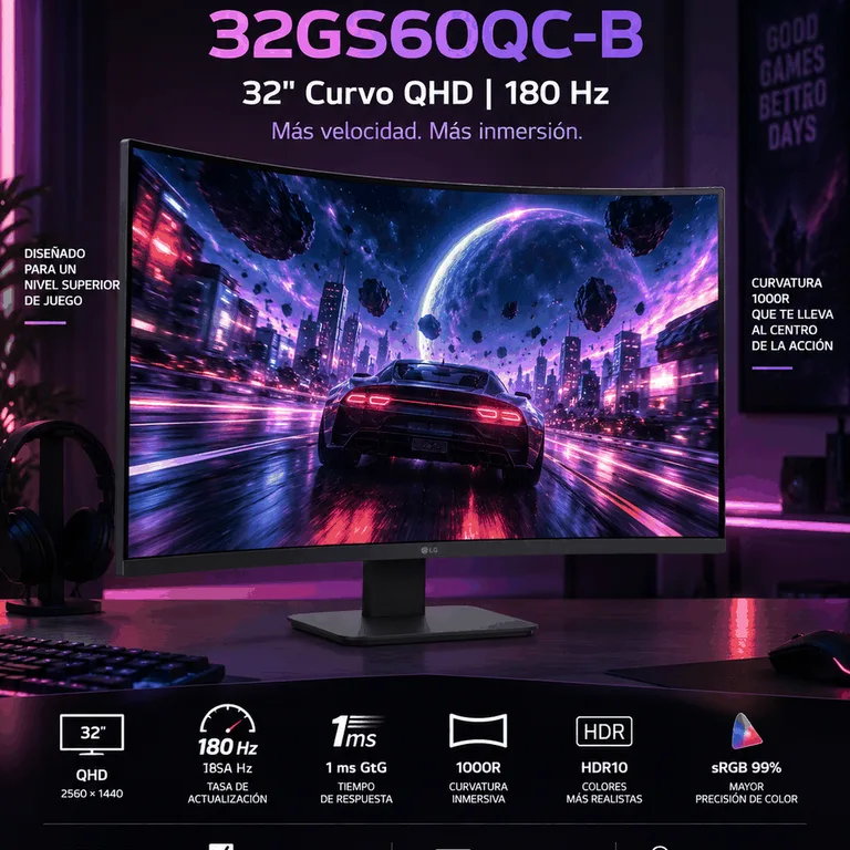 Monitor LG UltraGear 32" Curvo QHD 180Hz