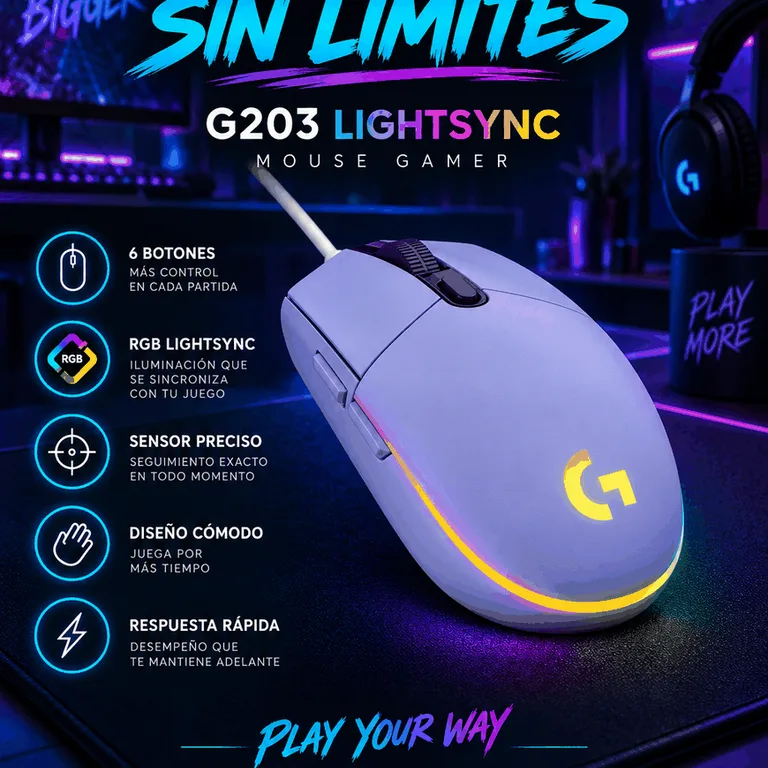 Mouse Logitech G203 LIGHTSYNC RGB Lila