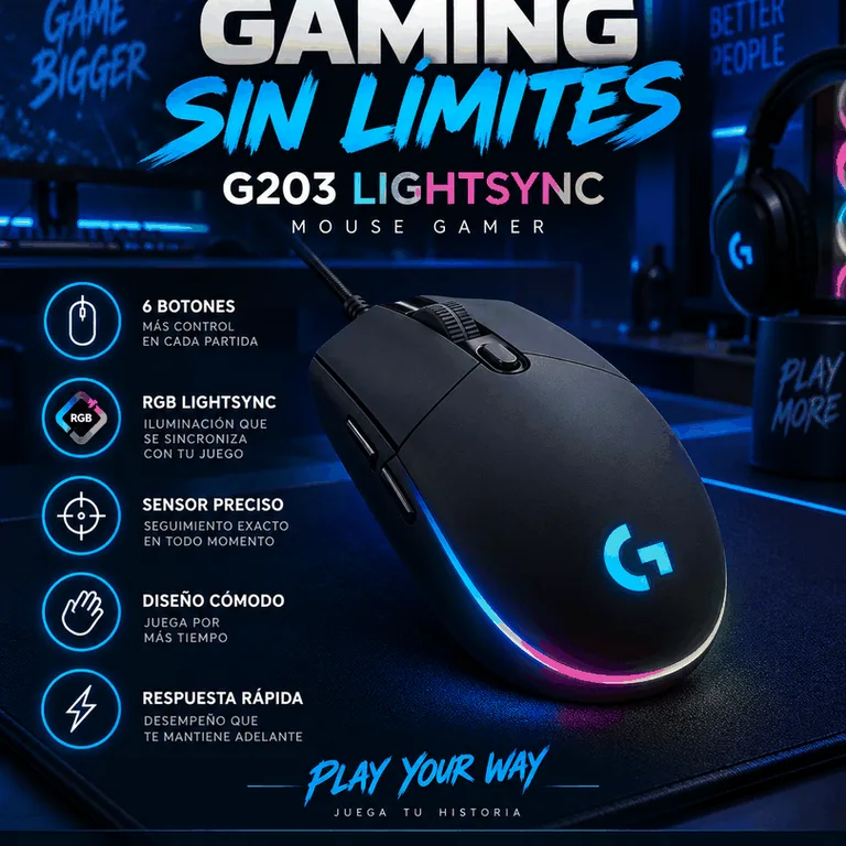 Mouse Logitech G203 LIGHTSYNC RGB Negro