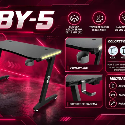 Escritorio Gamer Power BY-5 140 cm con LED, Portavasos y Soporte para Diadema