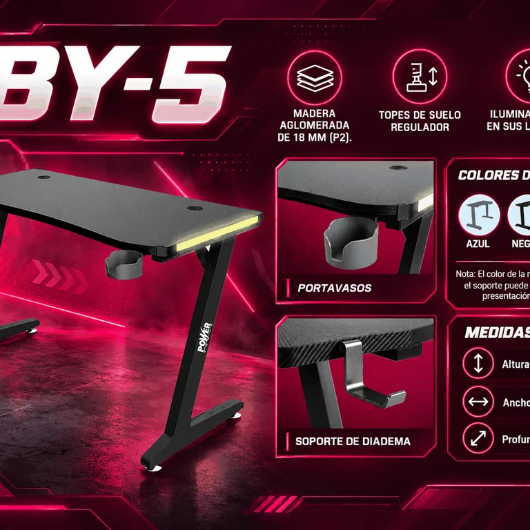 Escritorio Gamer Power BY-5 140 cm con LED, Portavasos y Soporte para Diadema