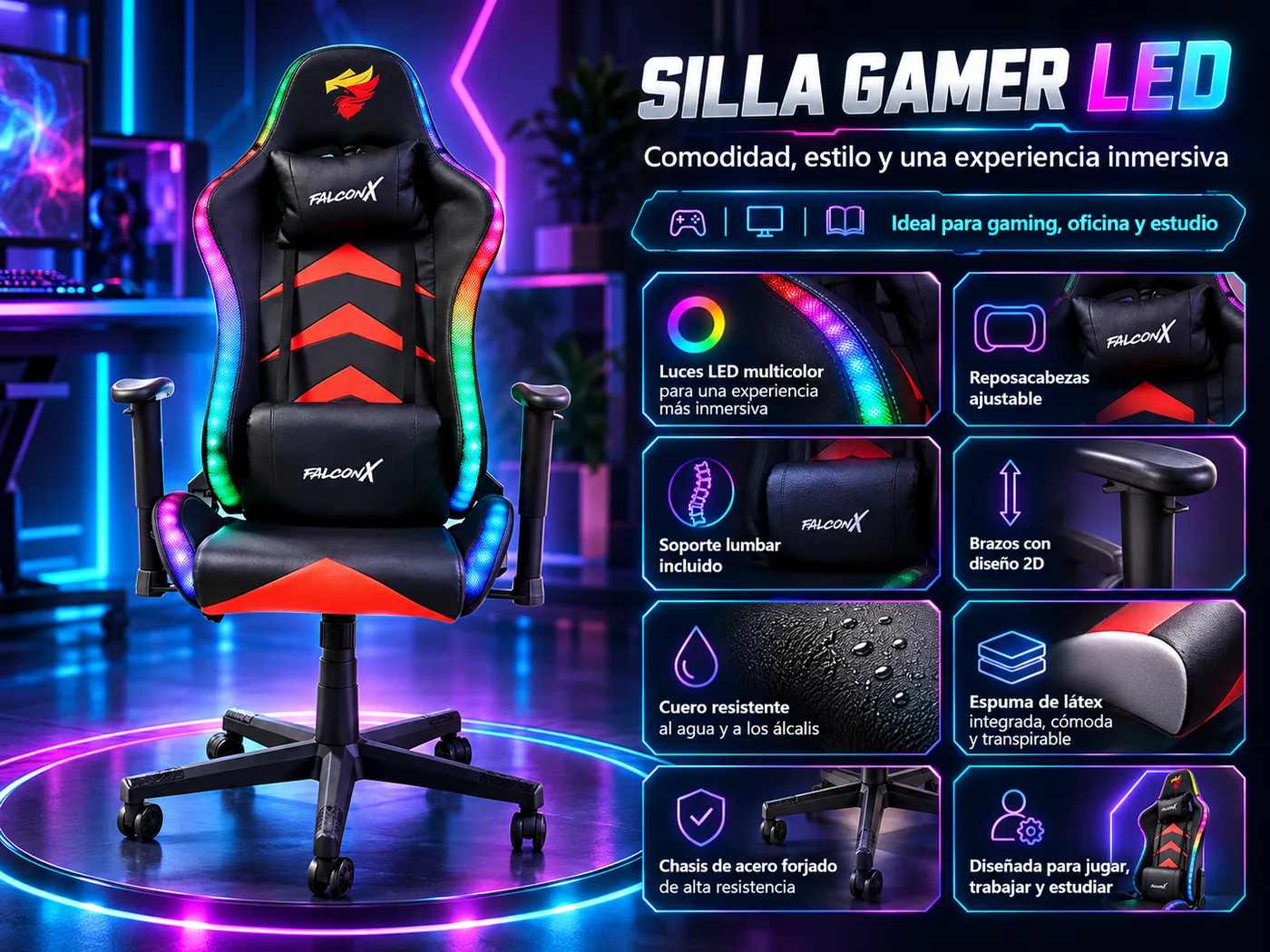 Silla Gamer Falconx SD-256 Negro RGB