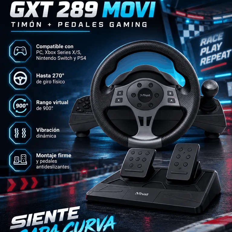Timón + Pedales Trust GXT289 Movi Racing Wheel